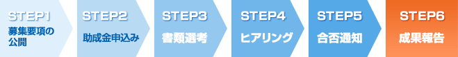 STEP1 募集要項の公開 STEP2 応募書類の記入 STEP3 書類選考 STEP4 ヒヤリング STEP5 合否通知 STEP6 成果報告